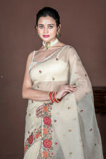 Thumbnail for Morchari Beige Supernet Cross Embroidery Saree Unstitched Blouse