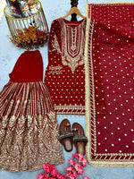 Thumbnail for SIE Designer Party Wear Look Heavy Faux Georgette Top Palazzo & Dupatta Set - Red