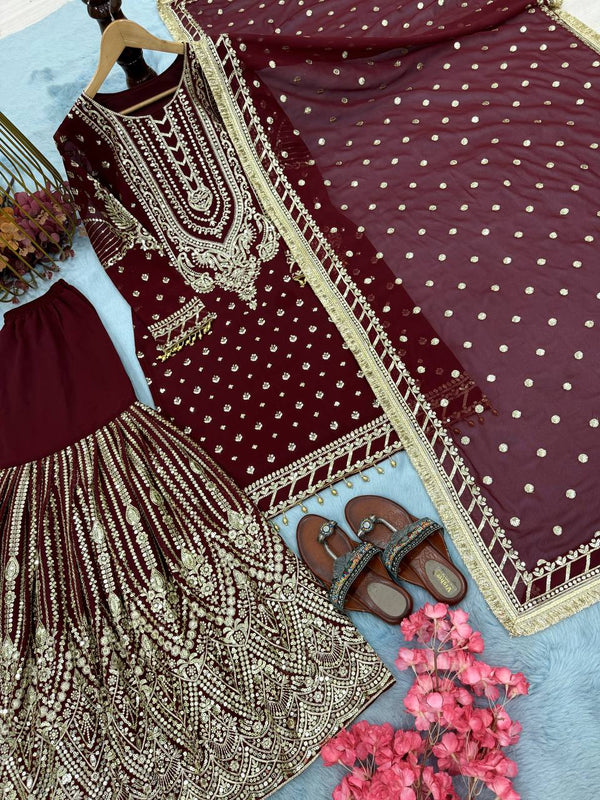 SIE Designer Party Wear Look Heavy Faux Georgette Top Palazzo & Dupatta Set - Maroon