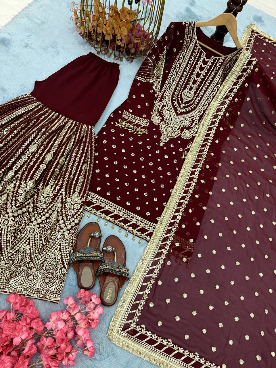SIE Designer Party Wear Look Heavy Faux Georgette Top Palazzo & Dupatta Set - Maroon