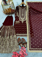 Thumbnail for SIE Designer Party Wear Look Heavy Faux Georgette Top Palazzo & Dupatta Set - Maroon