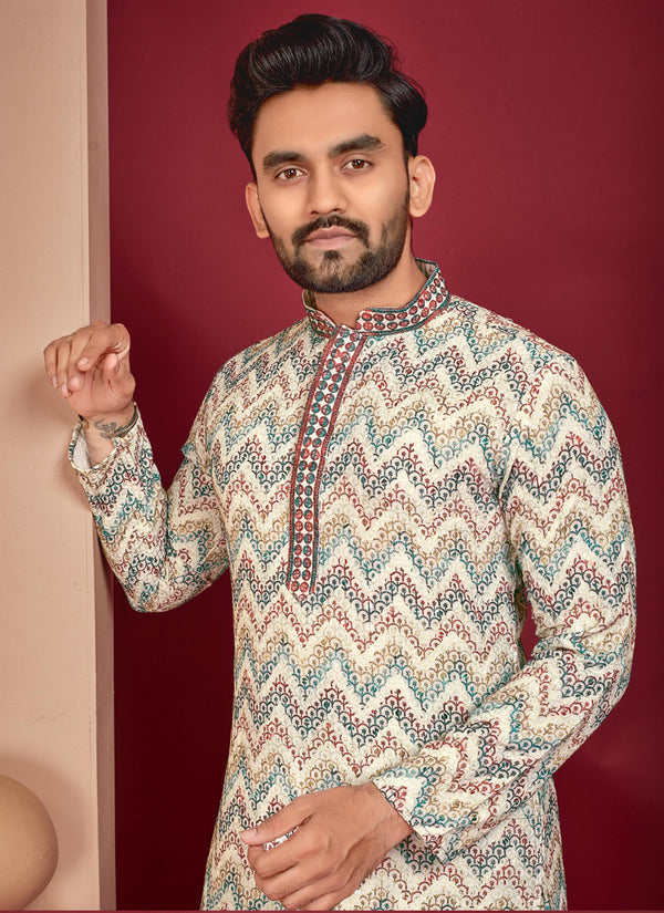 Prazu Fashion Off White Rayon Lucknowi Work Kurta