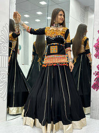 Thumbnail for Malishka Cotton With Gamthi Work Navratri Special Lehenga Choli Set - Black