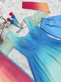 Thumbnail for Lorenvalley Fashion Women Pure Soft Georgette Padding Fabric Fully Flair Anarkali Pant With Dupatta Set - Blue