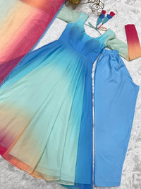 Thumbnail for Lorenvalley Fashion Women Pure Soft Georgette Padding Fabric Fully Flair Anarkali Pant With Dupatta Set - Blue