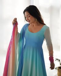 Thumbnail for Lorenvalley Fashion Women Pure Soft Georgette Padding Fabric Fully Flair Anarkali Pant With Dupatta Set - Blue