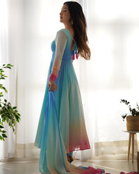 Thumbnail for Lorenvalley Fashion Women Pure Soft Georgette Padding Fabric Fully Flair Anarkali Pant With Dupatta Set - Blue