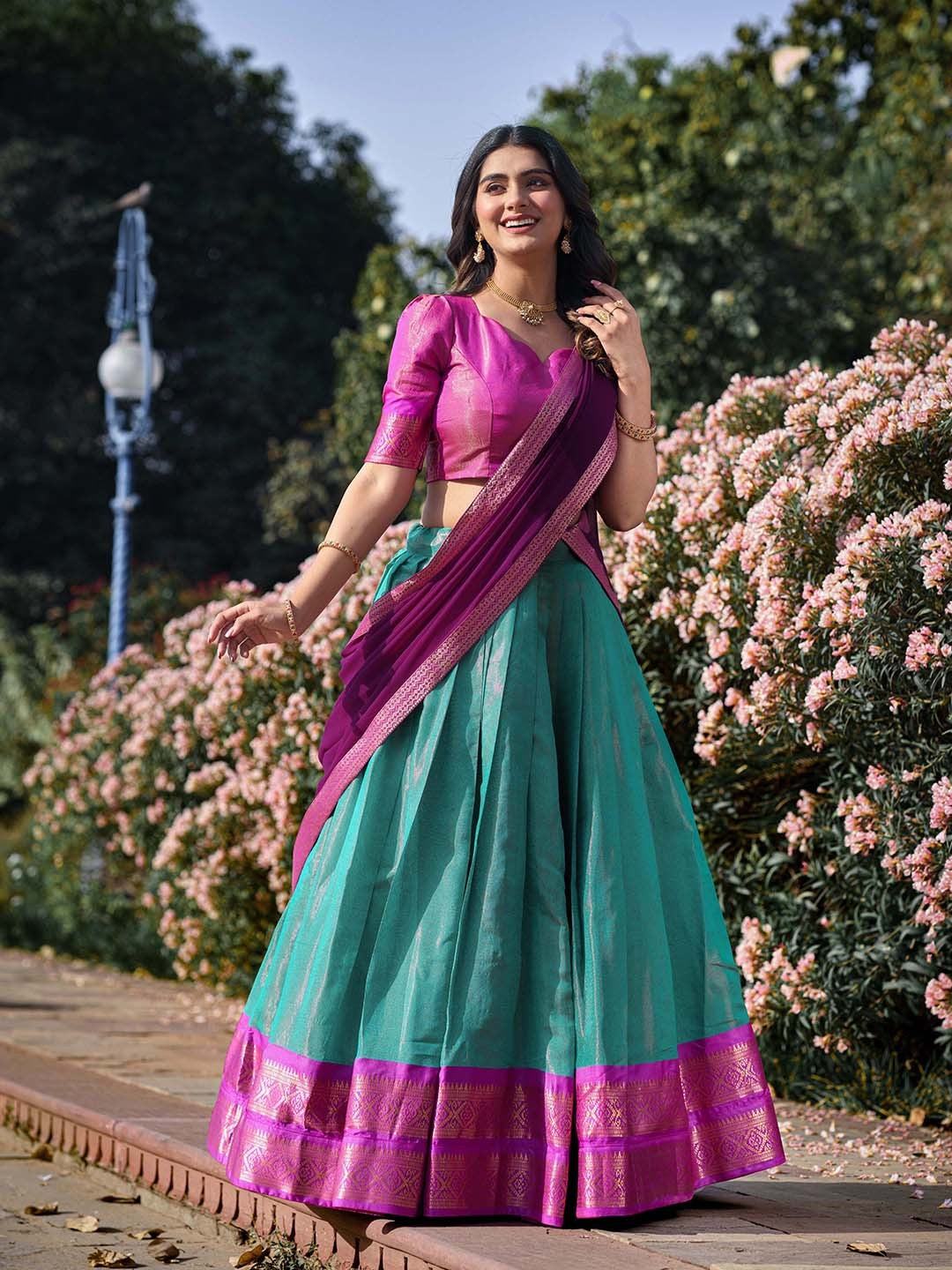 Evanik Women South-Style Kanchipuram Silk Stitched Lehenga With Unstitched Blouse & Dupatta