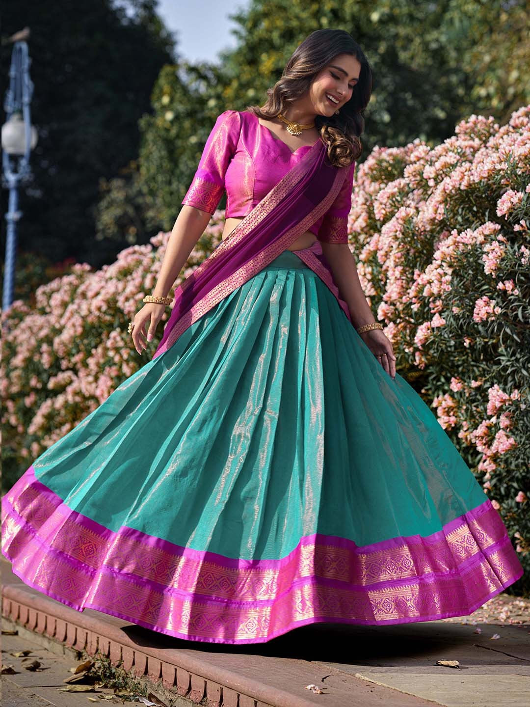 Evanik Women South-Style Kanchipuram Silk Stitched Lehenga With Unstitched Blouse & Dupatta