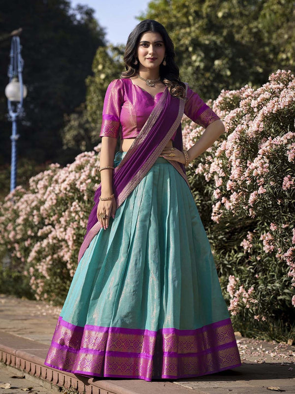 Evanik Women South-Style Kanchipuram Silk Stitched Lehenga With Unstitched Blouse & Dupatta