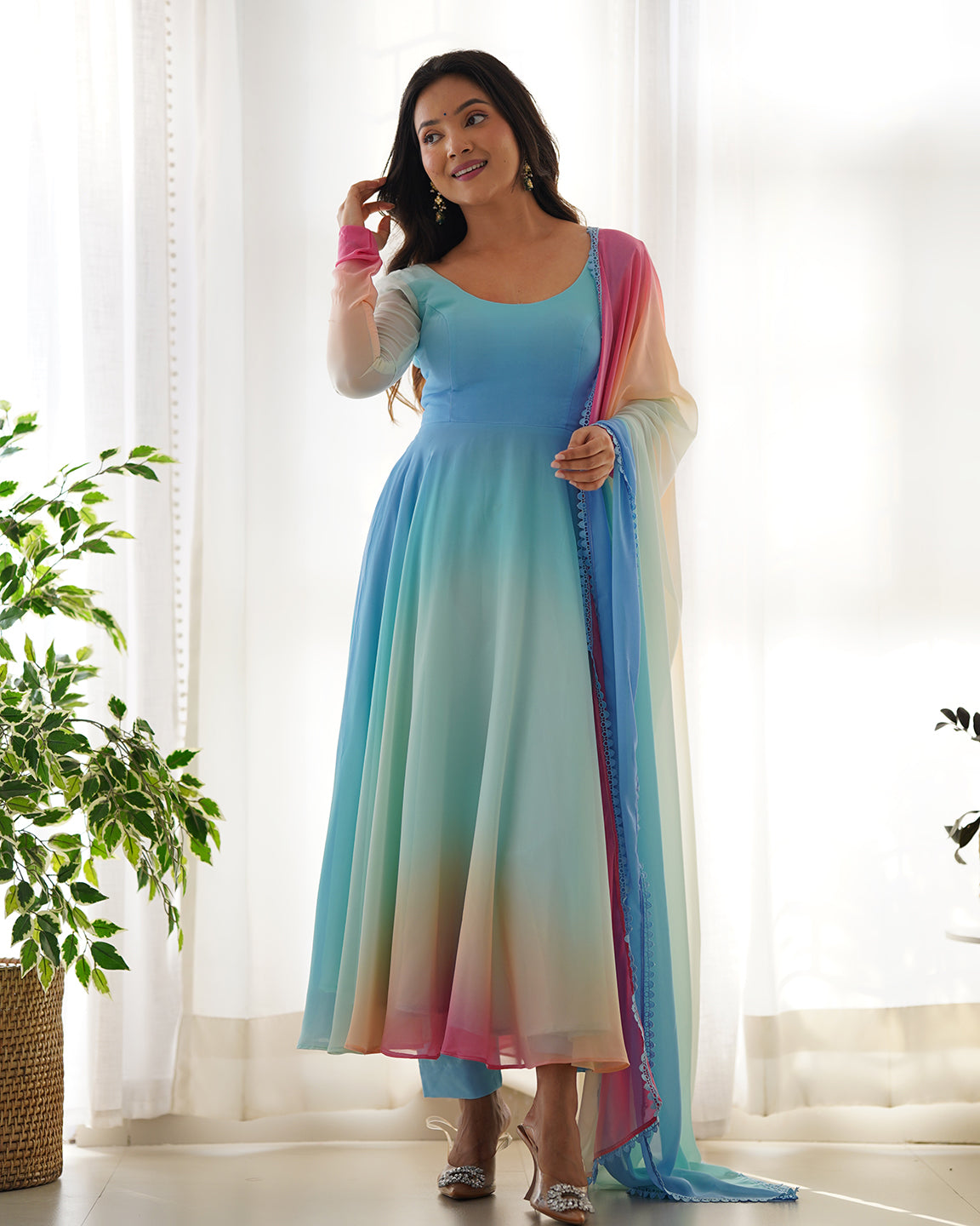 Lorenvalley Fashion Women Pure Soft Georgette Padding Fabric Fully Flair Anarkali Pant With Dupatta Set - Blue
