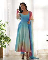 Thumbnail for Lorenvalley Fashion Women Pure Soft Georgette Padding Fabric Fully Flair Anarkali Pant With Dupatta Set - Blue