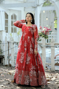 Thumbnail for Jyoti Fashion Women's Red Sequence Zari Embroidered Faux Georgette Anarkali Dress - Distacart