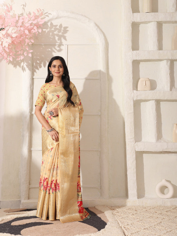 Shivam Fabrics Beige Lichi Patta Fabric Printed Saree