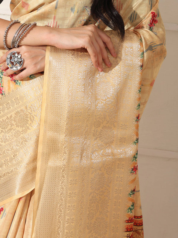 Shivam Fabrics Beige Lichi Patta Fabric Printed Saree