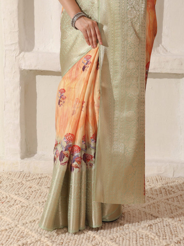 Shivam Fabrics Peach Lichi Patta Fabric Printed Saree