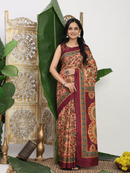 Shivam Fabrics Pink Tussar Silk Fabric Printed Saree