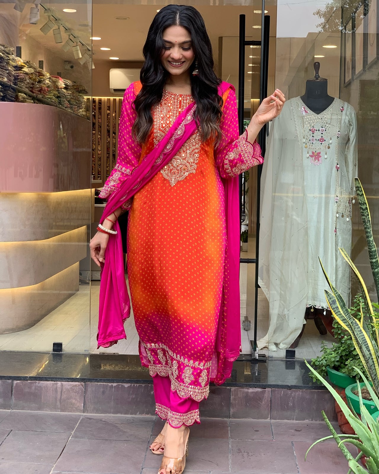 Sonakshi Women's Orange & Pink Chinon Embroidered Kurta Set with Dupatta