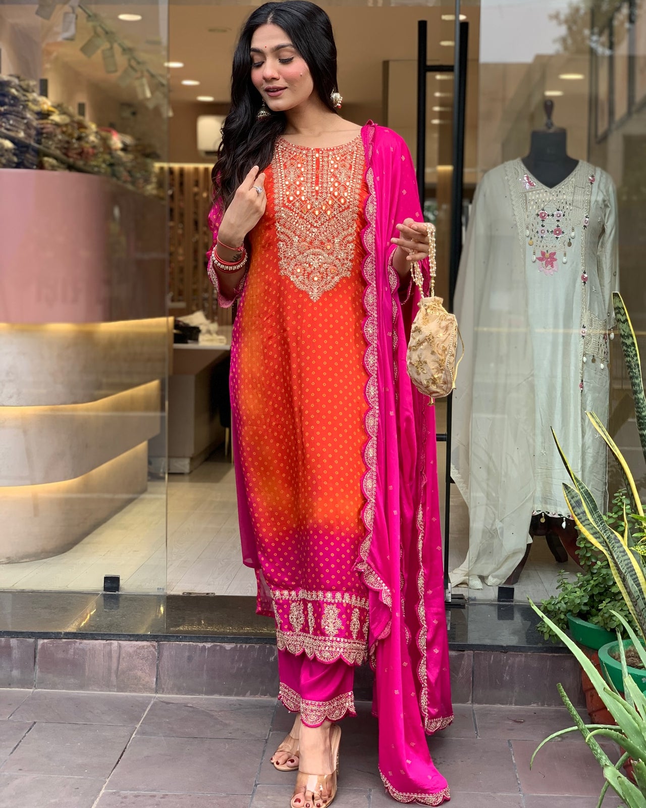 Sonakshi Women's Orange & Pink Chinon Embroidered Kurta Set with Dupatta
