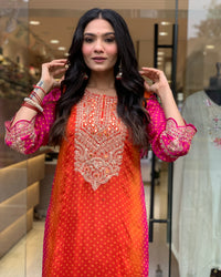 Thumbnail for Sonakshi Women's Orange & Pink Chinon Embroidered Kurta Set with Dupatta
