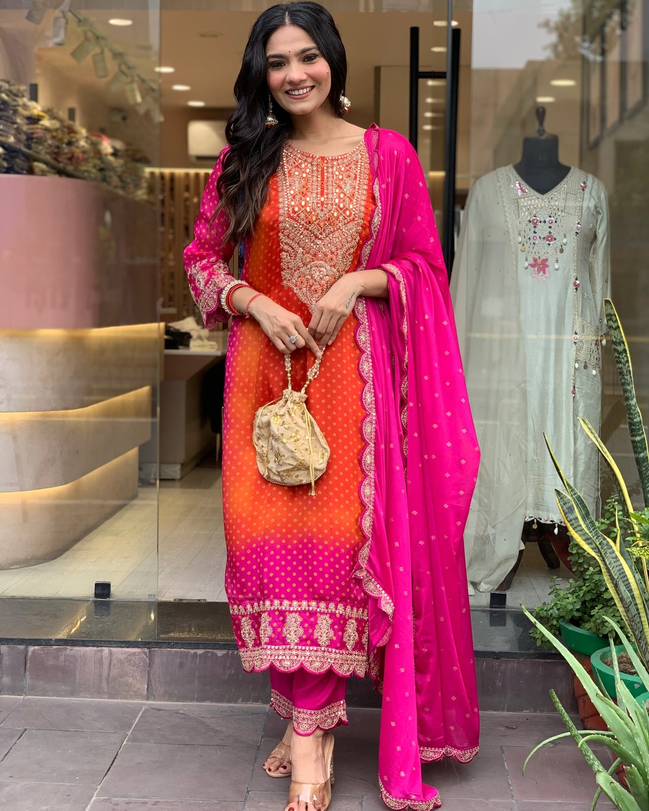 Sonakshi Women's Orange & Pink Chinon Embroidered Kurta Set with Dupatta