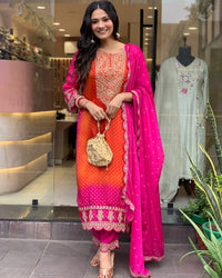 Thumbnail for Sonakshi Women's Orange & Pink Chinon Embroidered Kurta Set with Dupatta