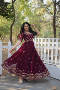Thumbnail for Sonakshi Women's Maroon Faux Blooming Sequins with Zari Embroidered Long Anarkali Dress