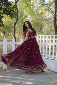 Thumbnail for Sonakshi Women's Maroon Faux Blooming Sequins with Zari Embroidered Long Anarkali Dress