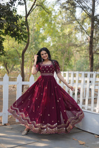 Thumbnail for Sonakshi Women's Maroon Faux Blooming Sequins with Zari Embroidered Long Anarkali Dress