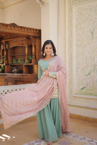 Thumbnail for Sonakshi Women's Sky Blue Faux Georgette Sequins Thread Embroidered Sharara Sets