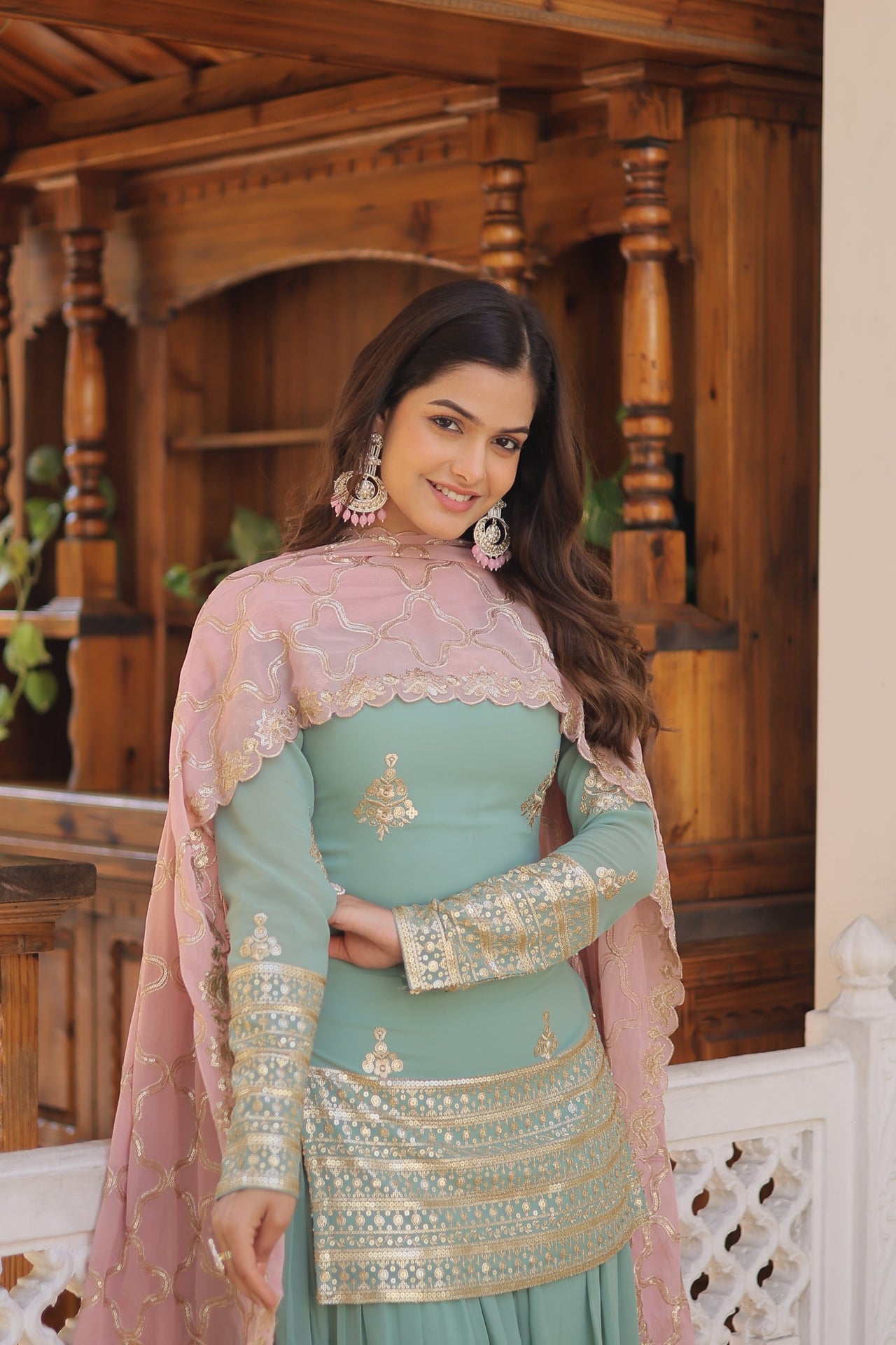 Sonakshi Women's Sky Blue Faux Georgette Sequins Thread Embroidered Sharara Sets