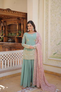 Thumbnail for Sonakshi Women's Sky Blue Faux Georgette Sequins Thread Embroidered Sharara Sets