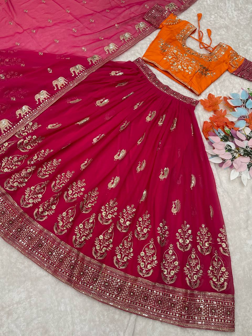Sonakshi Women's Rani Pink Faux Georgette Sequins Embroidered Lehenga Choli Set