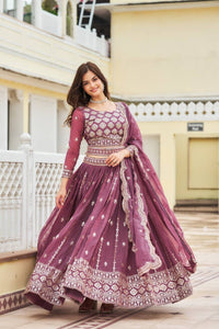 Thumbnail for Sonakshi Women's Onion Faux Georgette 7MM Sequins Embroidered Lehenga Choli Set