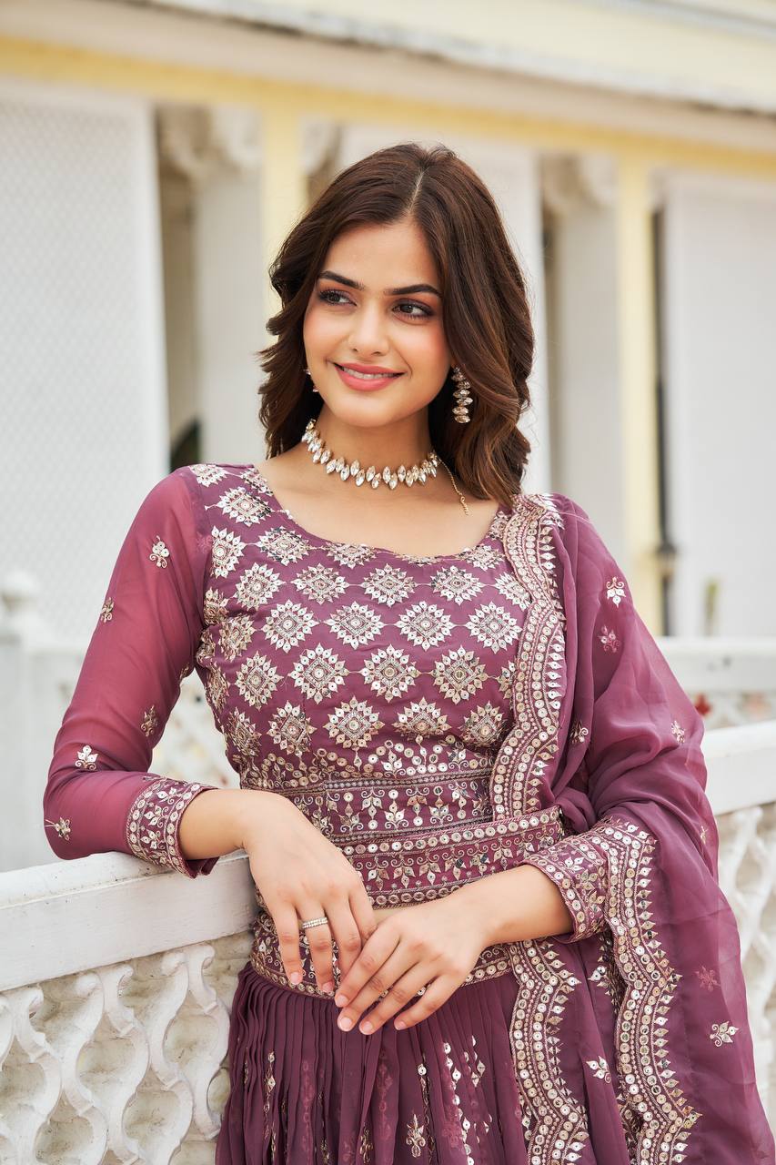 Sonakshi Women's Onion Faux Georgette 7MM Sequins Embroidered Lehenga Choli Set