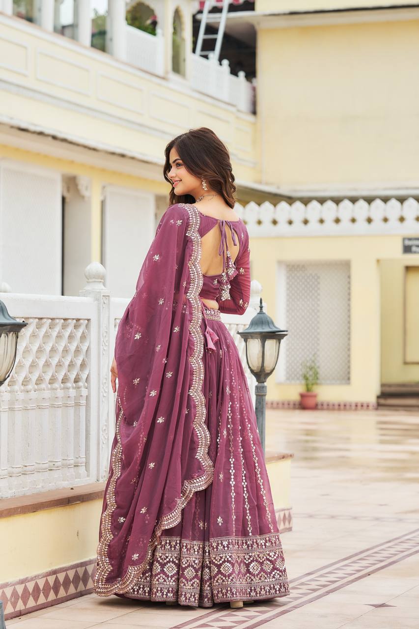 Sonakshi Women's Onion Faux Georgette 7MM Sequins Embroidered Lehenga Choli Set