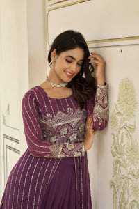 Thumbnail for Sonakshi Women's Wine Faux Georgette Embroidered Lehenga Choli with Shrug Set