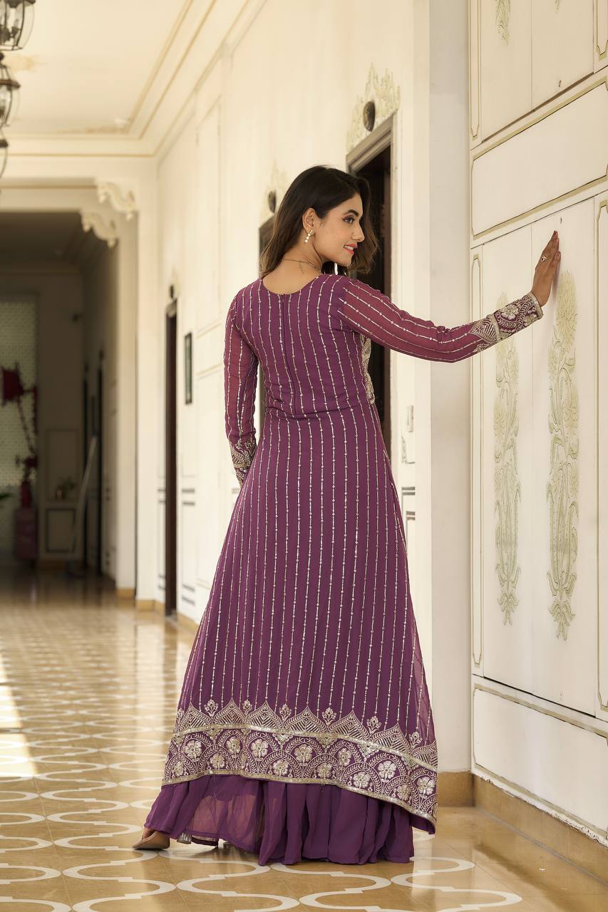 Sonakshi Women's Wine Faux Georgette Embroidered Lehenga Choli with Shrug Set