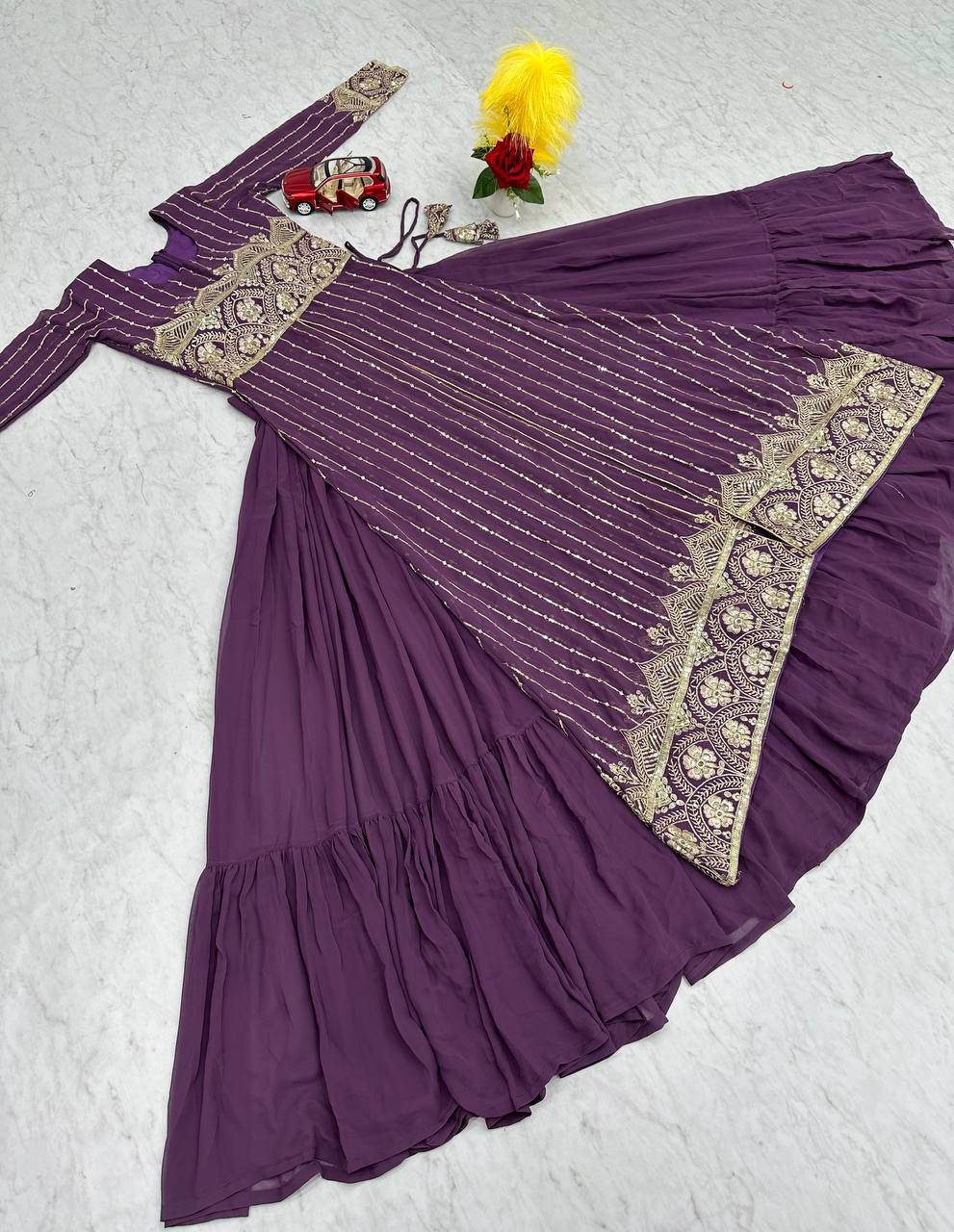 Sonakshi Women's Wine Faux Georgette Embroidered Lehenga Choli with Shrug Set