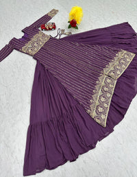 Thumbnail for Sonakshi Women's Wine Faux Georgette Embroidered Lehenga Choli with Shrug Set