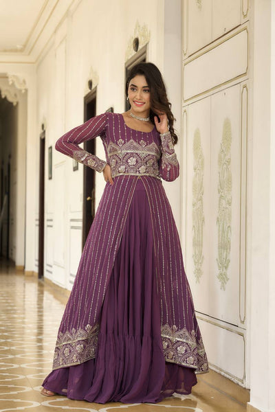 Sonakshi Women's Wine Faux Georgette Embroidered Lehenga Choli with Shrug Set