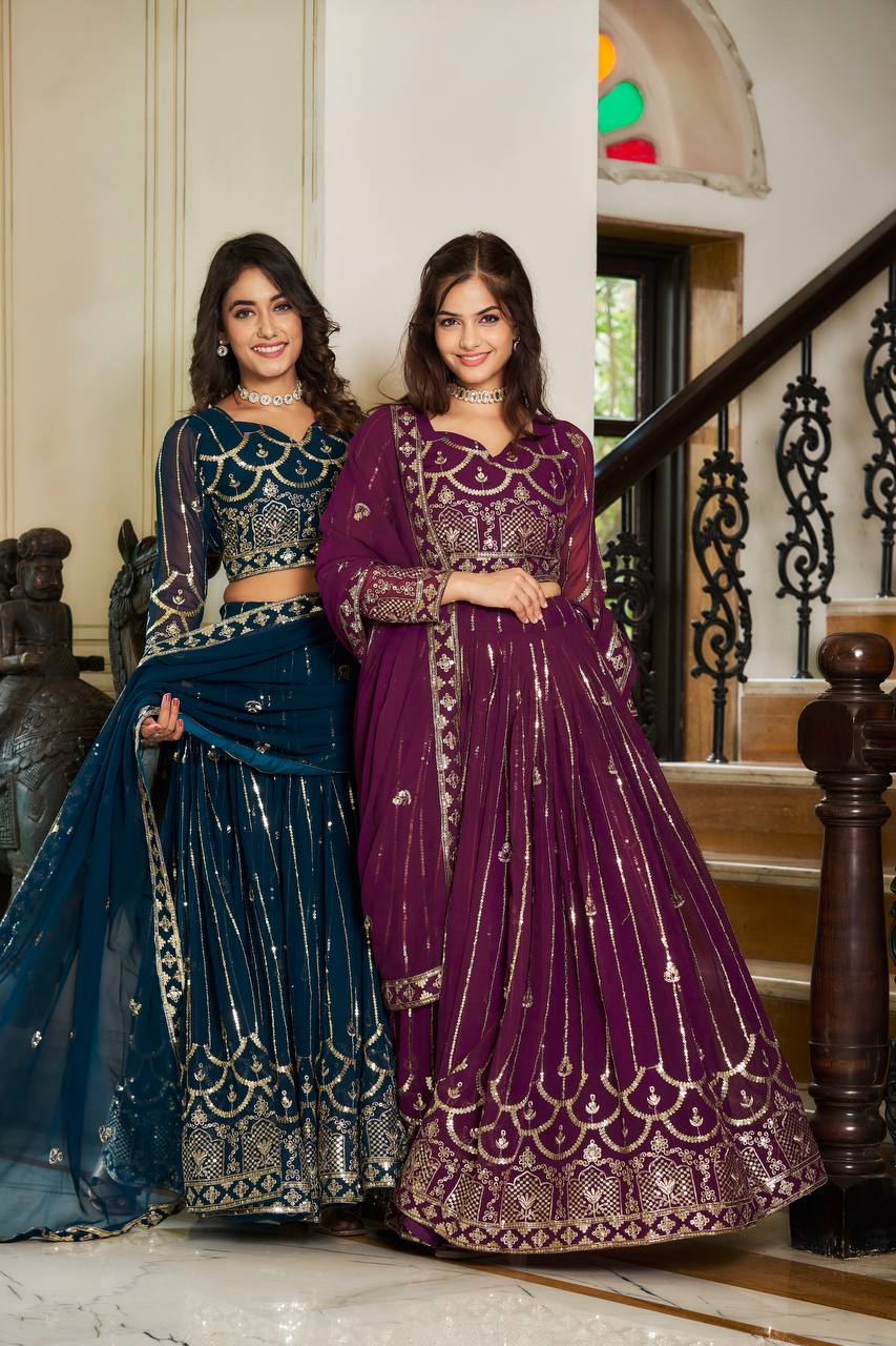 Sonakshi Women's Morpeach & Wine Faux Georgette 5MM Sequins Embroidered Lehenga Choli Combo Set