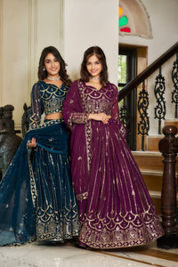 Thumbnail for Sonakshi Women's Morpeach & Wine Faux Georgette 5MM Sequins Embroidered Lehenga Choli Combo Set