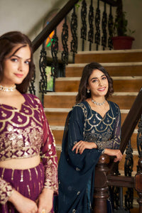 Thumbnail for Sonakshi Women's Morpeach & Wine Faux Georgette 5MM Sequins Embroidered Lehenga Choli Combo Set