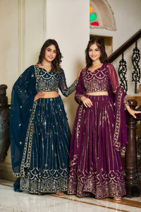 Thumbnail for Sonakshi Women's Morpeach & Wine Faux Georgette 5MM Sequins Embroidered Lehenga Choli Combo Set