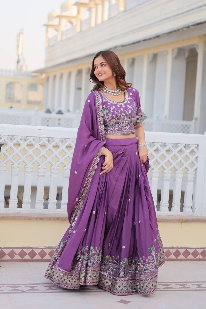 Sonakshi Women's Purple Chinon Sequins & Thread Embroidered Lehenga Choli Set