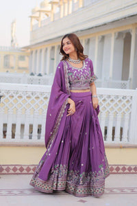 Thumbnail for Sonakshi Women's Purple Chinon Sequins & Thread Embroidered Lehenga Choli Set