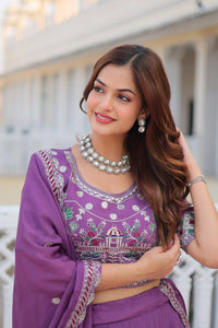 Thumbnail for Sonakshi Women's Purple Chinon Sequins & Thread Embroidered Lehenga Choli Set