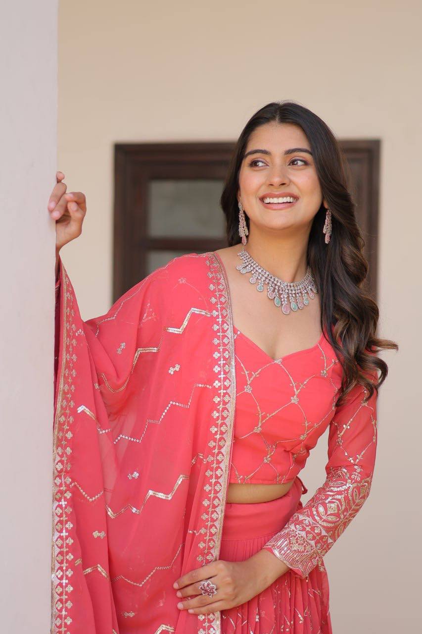 Sonakshi Women's Pink Faux Georgette Sequins Embroidered Lehenga Choli Set