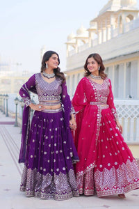 Thumbnail for Sonakshi Women's Purple & Rani Pink Faux Georgette 7MM Sequins Embroidered Lehenga Choli Combo Set